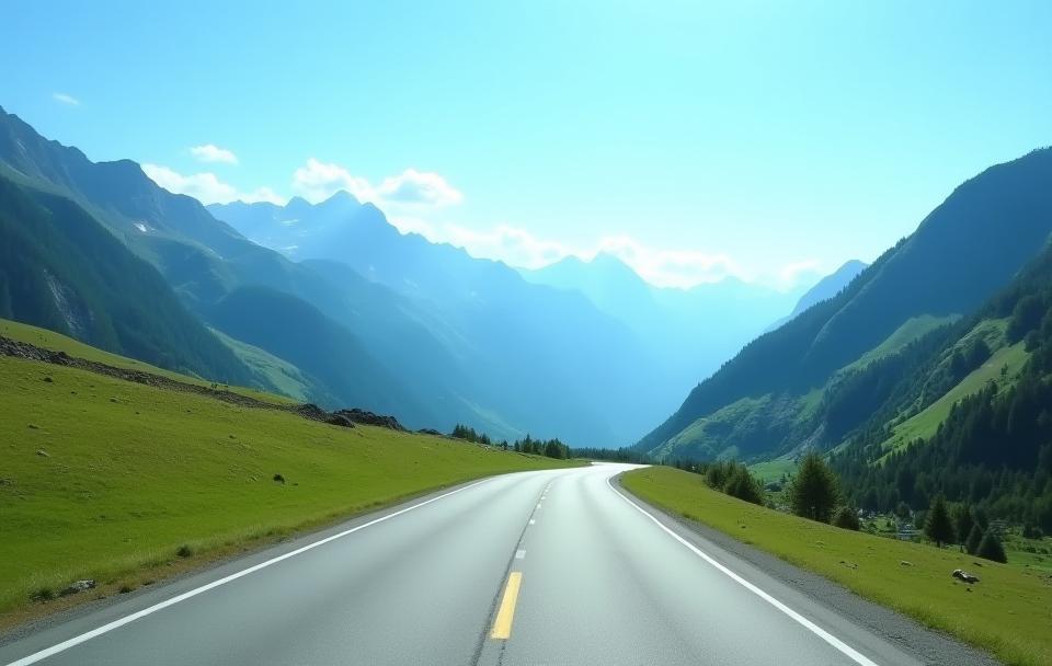 Scenic Swiss road winding through mountains with blue sky
